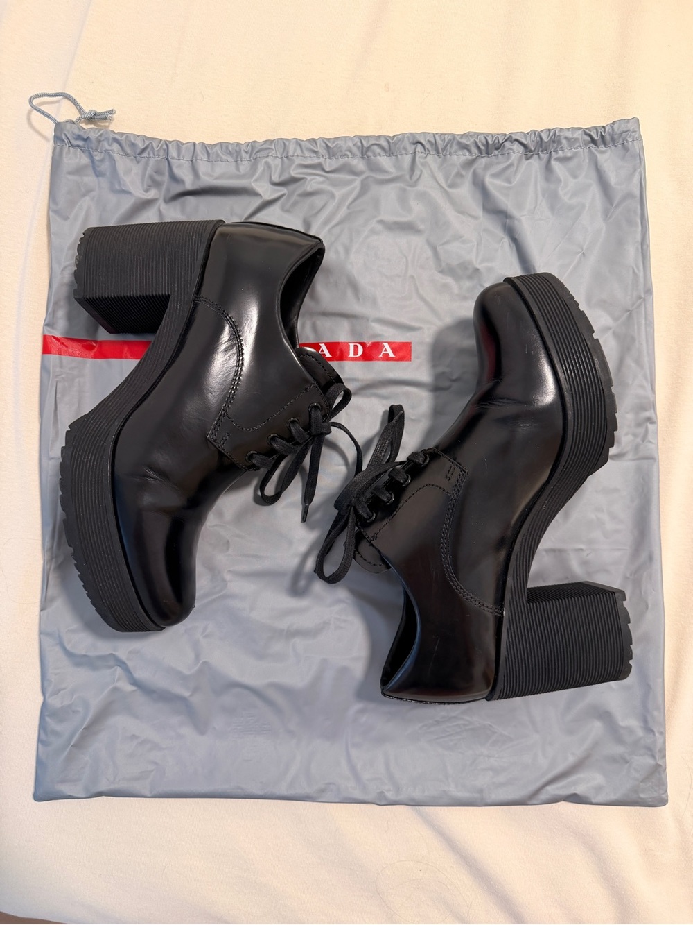 Prada Black Leather Lace-Up Platform Heel Oxfords - Picture 3 of 7